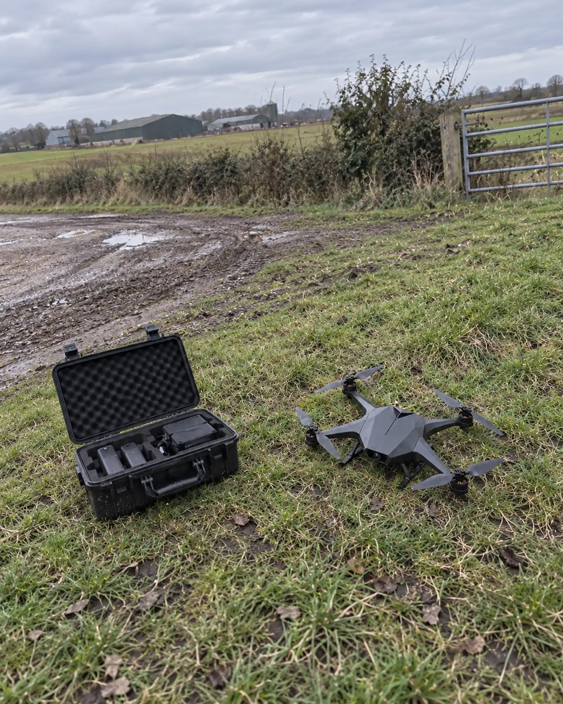 Orion at the edge of a field with its equipment case