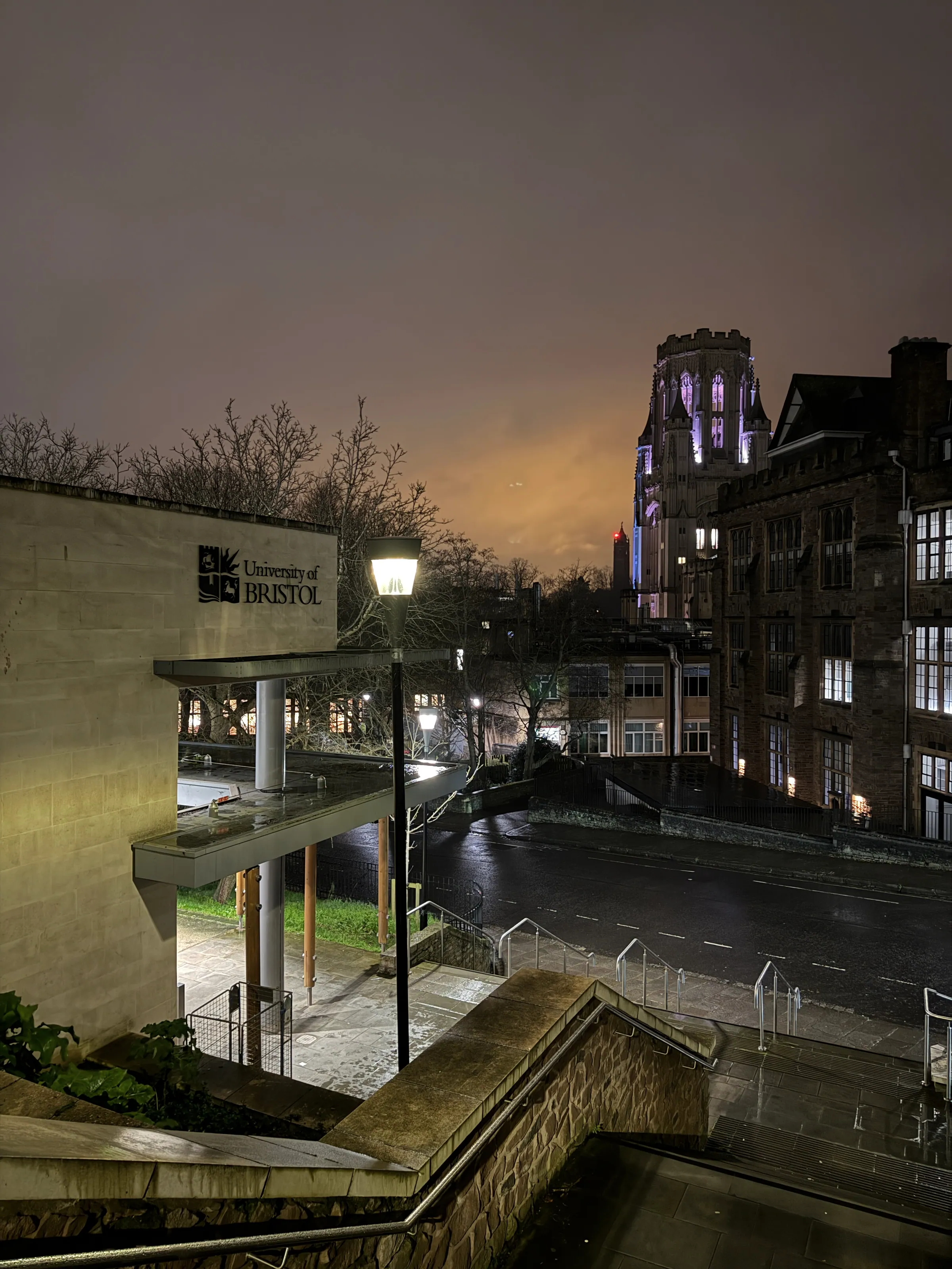 University of Bristol campus at night