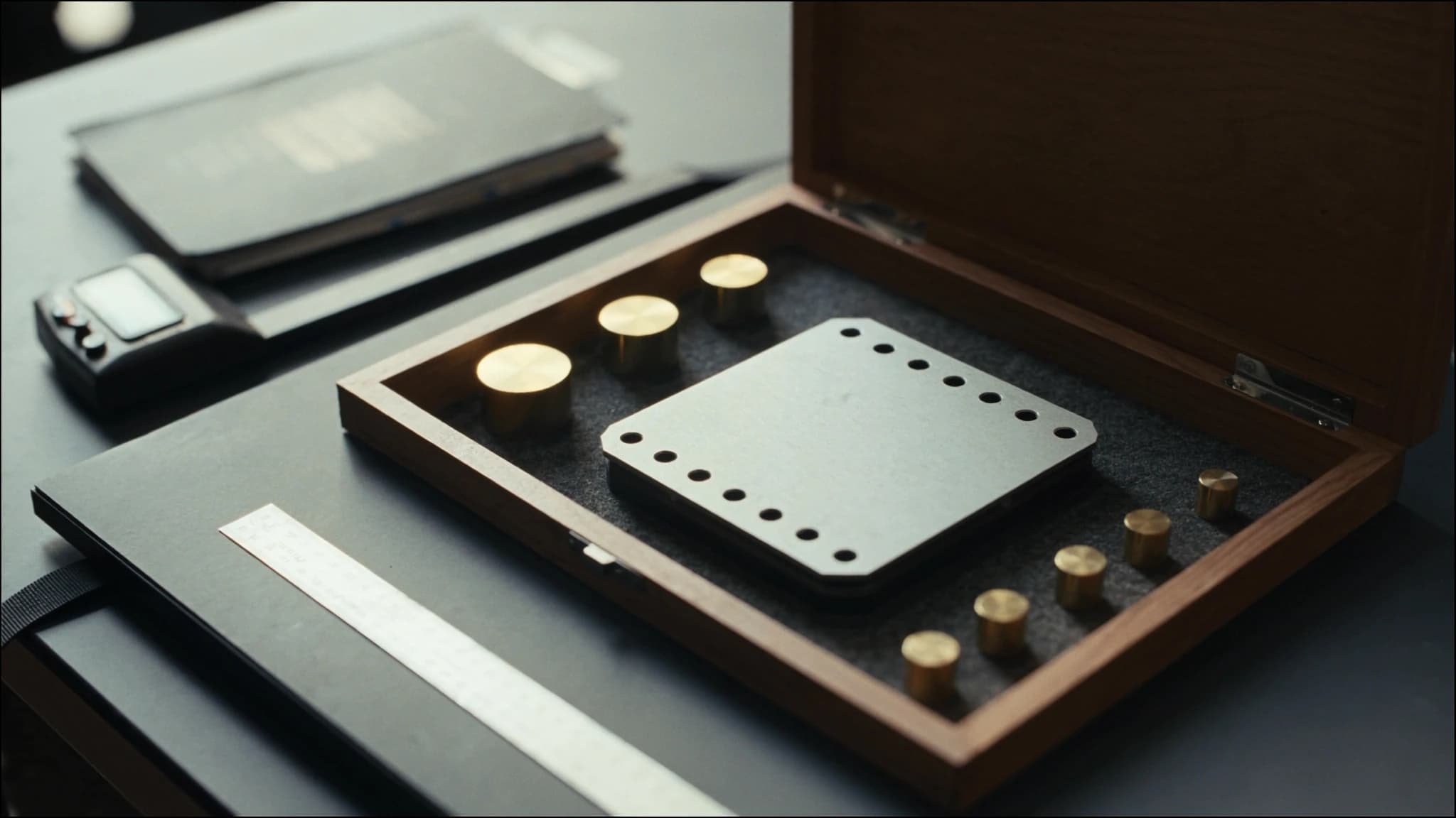 Calibration weights and a perforated test plate beside a scale