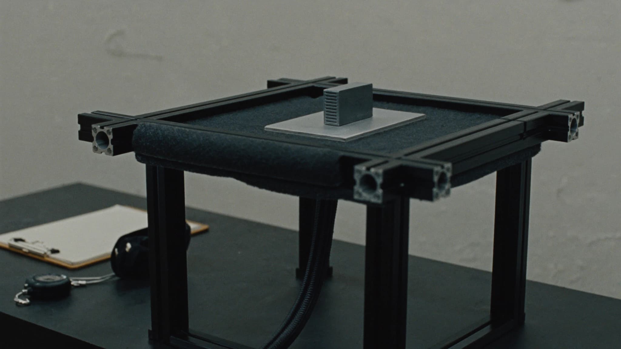 A fixed test stand holding a training object